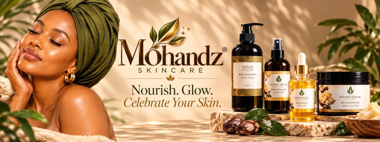Móhandz Skincare campaign featuring a model in an olive-green headwrap alongside the brand’s skincare products